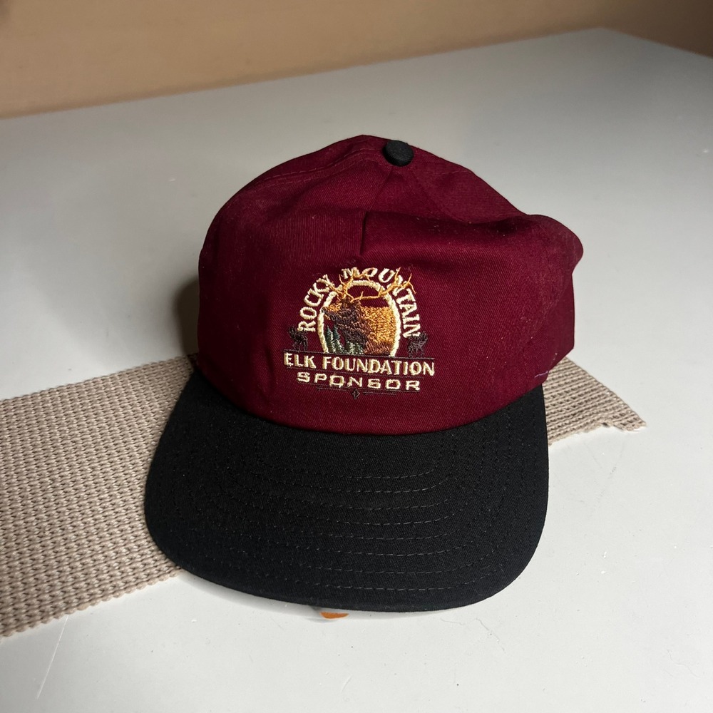 Rocky Mountain Elk Foundation Sponsor Hat Burgundy Black Leather Strapback USA